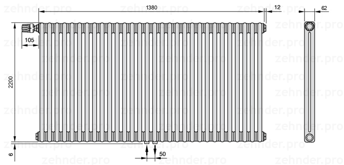 Схема (чертеж) Радиатор Zehnder Charleston 2220/30 №V007 Белый глянцевый RAL 9016